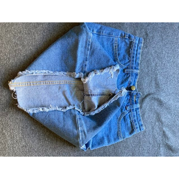 Denim Mini Skirt High Waist slim fit Hip Pocket tassel jean frayed raw size XS - Picture 4 of 5